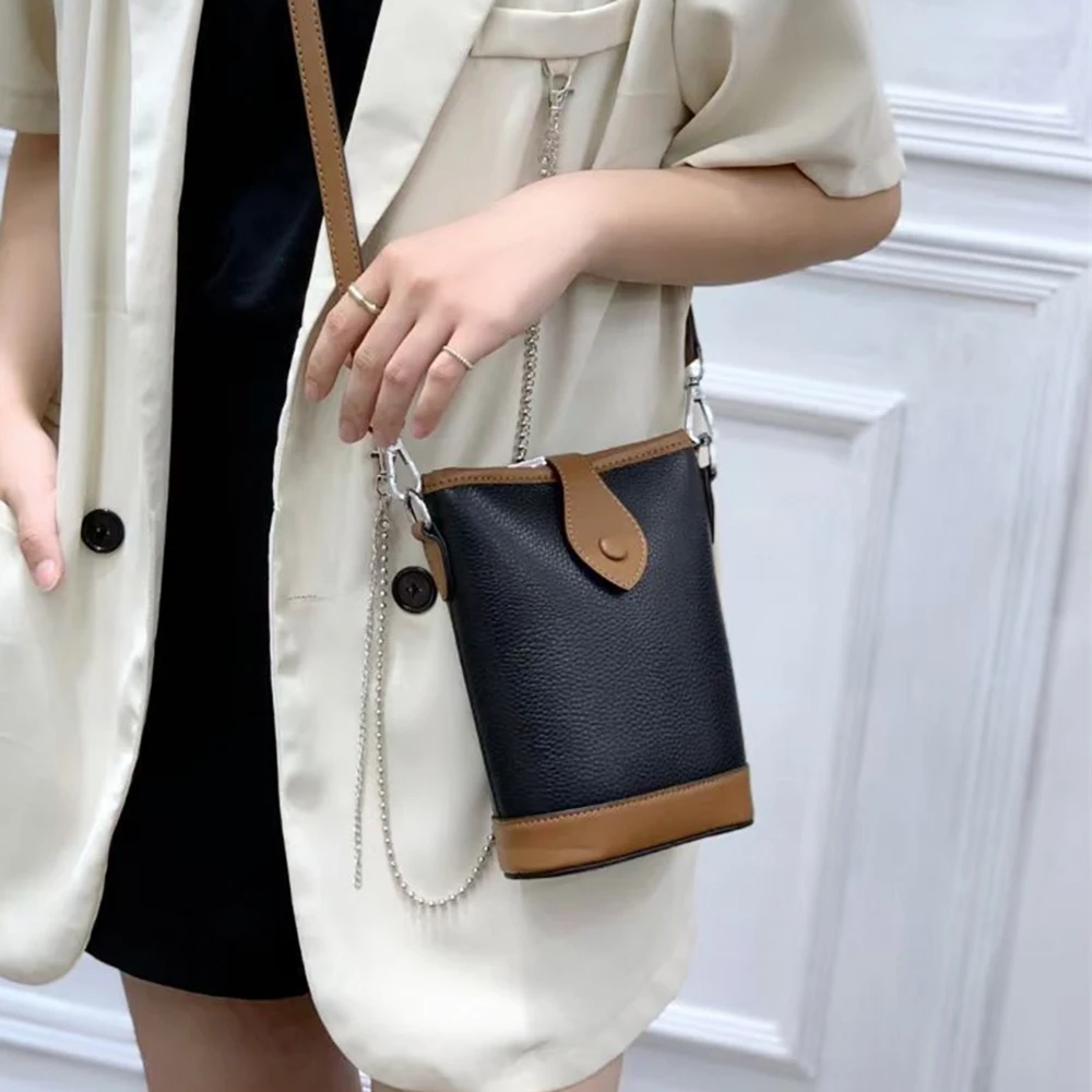 

Genuine Leather Small Bucket Bag Woman Detachable Strap Button Messenger Bag Casual Contrasting Colors Bucket Bag Cell Phone Bag