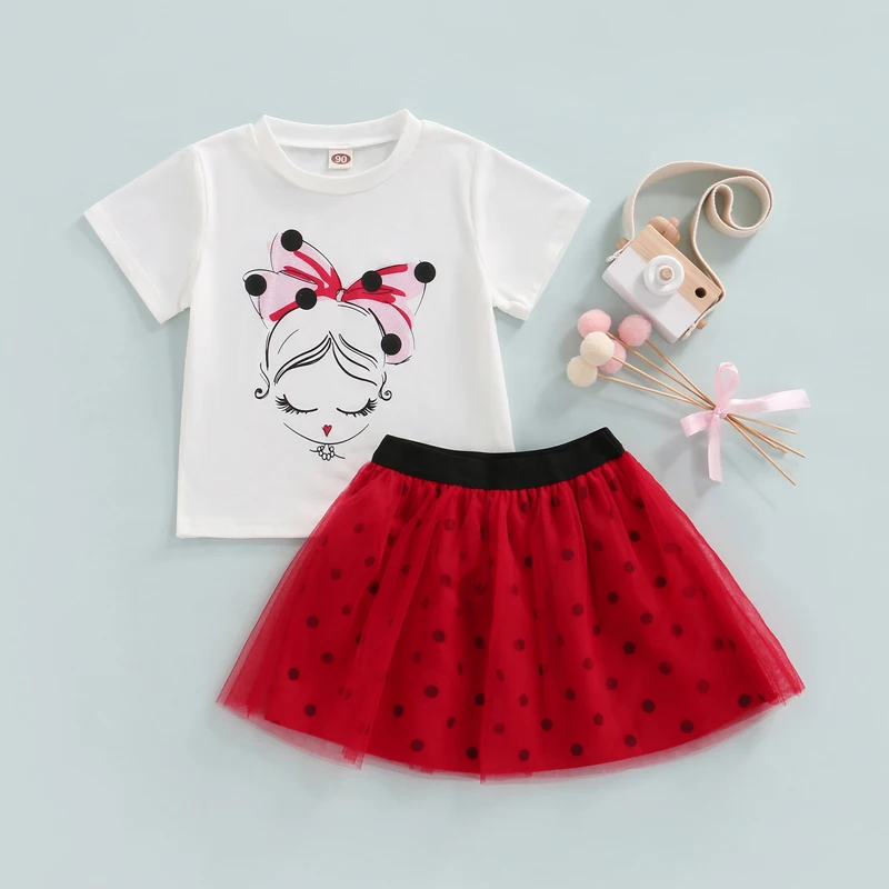 

SUNSIOM, модная одежда для маленьких девочек, одежда, футболка с коротким рукавом и принтом, с эластичным поясом, сетчатая Тюлевая юбка в гороше...