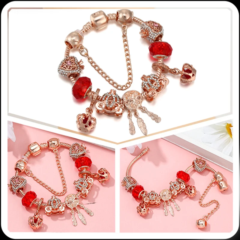 

Rose Gold Crown Charm Women's Fine Bracelet Love and Flower Crown Crystal Pendant Beads Women's Wedding Jewelry Red 16-21cm