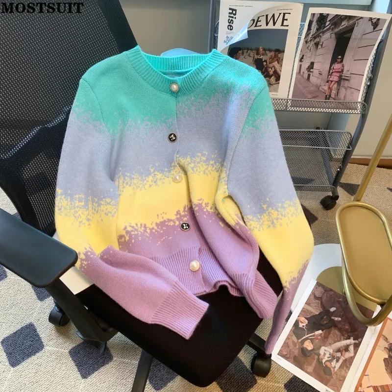 

Gradient Color Stylish Knitted Sweater Cardigan Women 2023 Autumn Winter Elegant Fashion Chic Tops Long Sleeve O-neck Jumpers