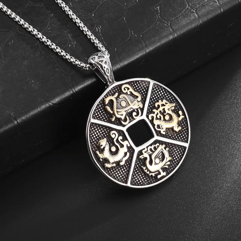 

New Fashion Retro Four Great Beasts Round Pendant Men and Women Fashion Lucky Guardian Beast Necklace Jewelry