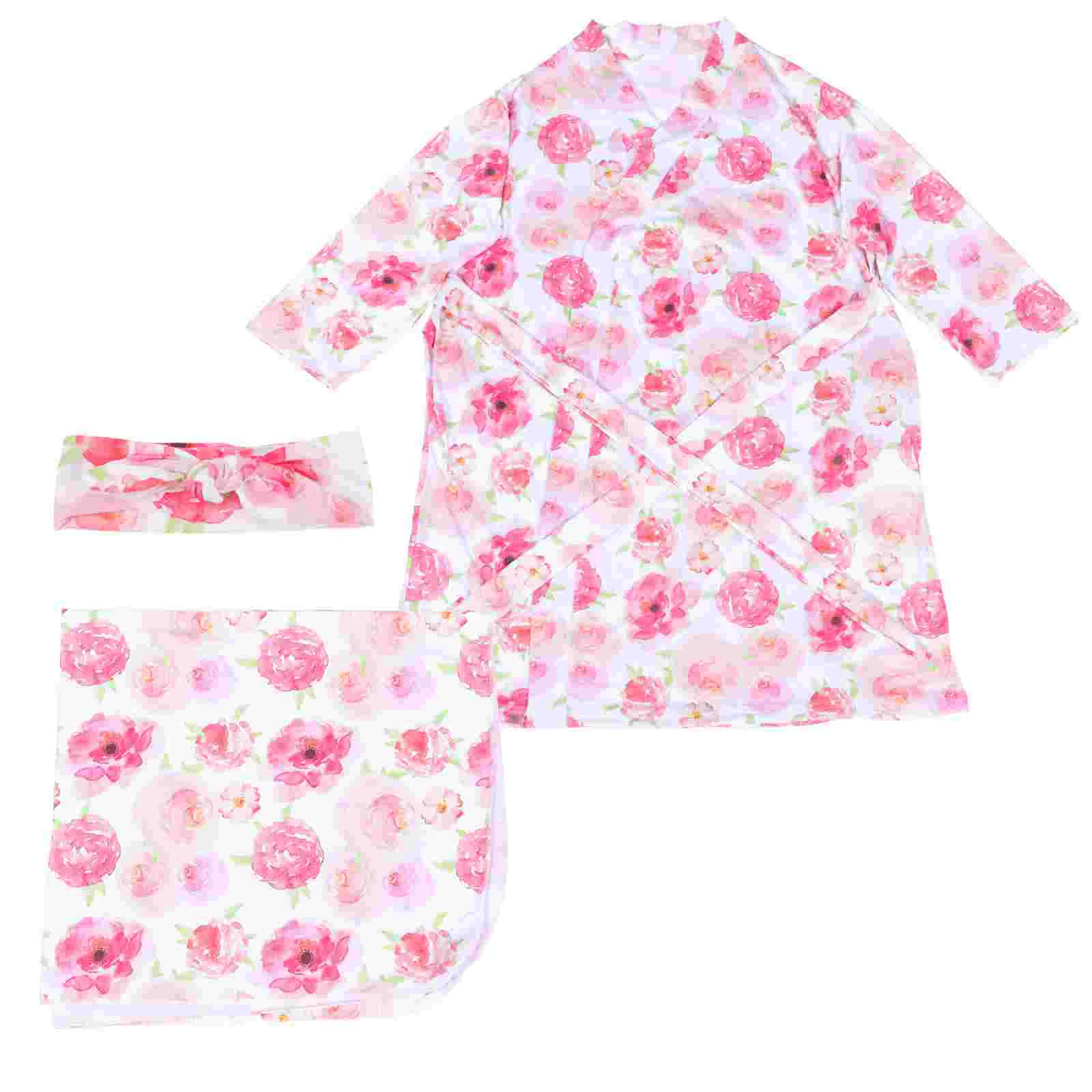 

Infant Headbands Baby Girl Maternity Nightgown Matching Robe Swaddle Set Mommy Me 110x86cm Outfits Pink Pure Cotton