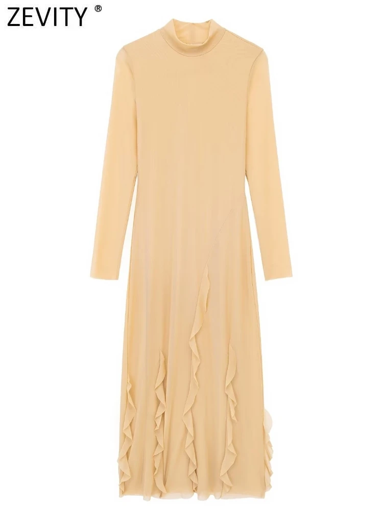 

Zevity женское модное платье-миди с воротником-стойкой, складками и оборками, однотонное Сетчатое миди-платье, женская шикарная уличная одежда...