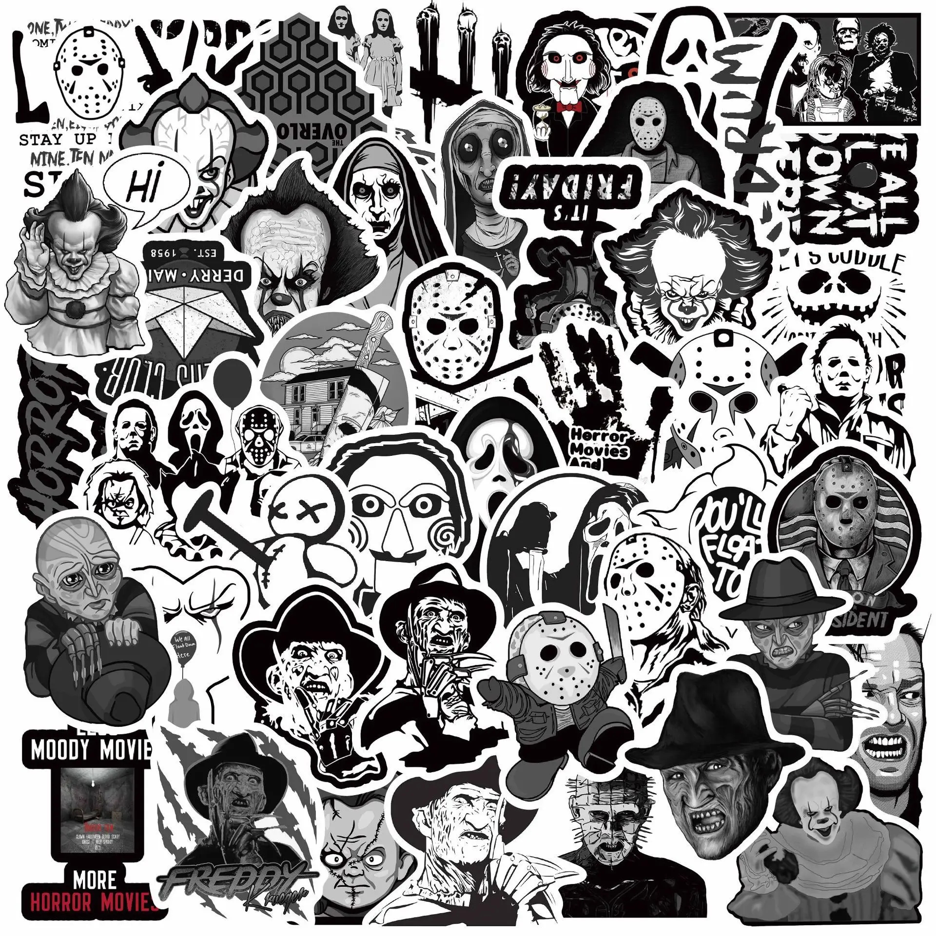 

10/50Pcs/Set Horror Movie Stickers Black and White Classic Film Skateboard Phone Case Luggage Laptop Waterproof Sticker