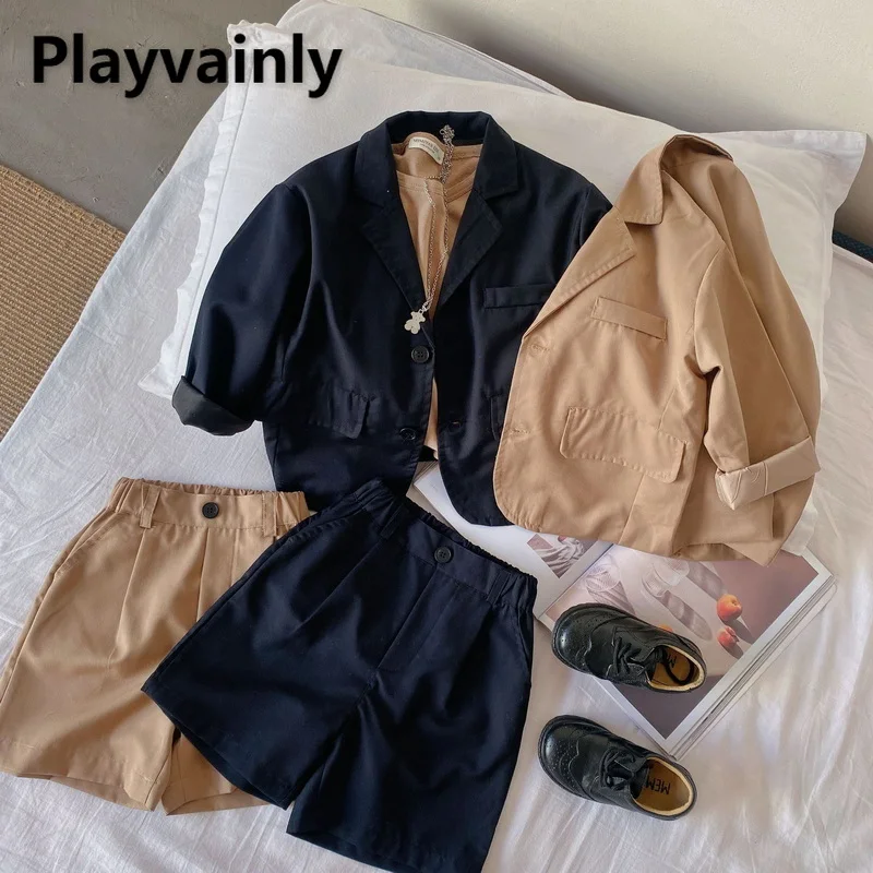 

2021 New Korean Style Autumn Boys Girls 2-pcs Sets Black Khaki Long Sleeves Suit Jacket+Short Kids Gentleman Casual Outfits E426