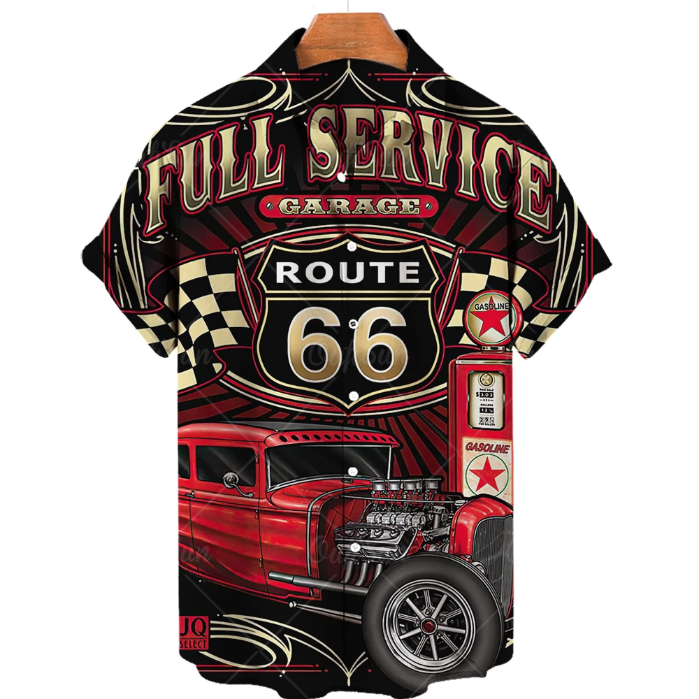 Hawaiian Luxury Men's Social Shirts Clothing for Summer Shirt Male Vintage Route 66 3D Print Blouses Short Sleeve V-Neck Tops