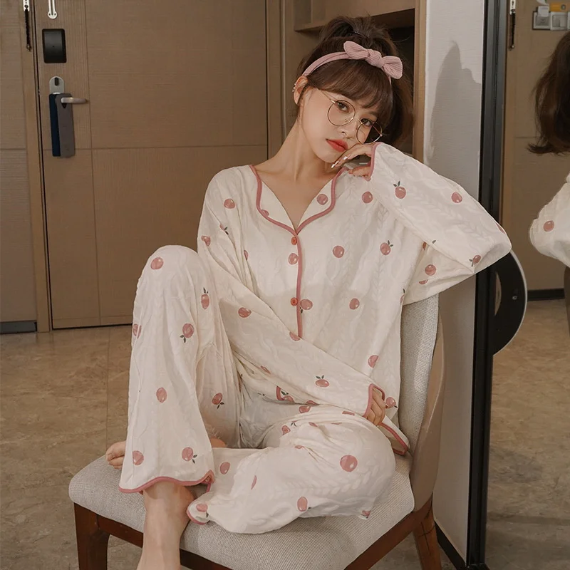 Women Pajamas Set Safe Cotton Full Sleeve Tops Sleepwear 2Piece/Set Spring Casual Pyjama Big Size Cozy Sweet Dot Homewear