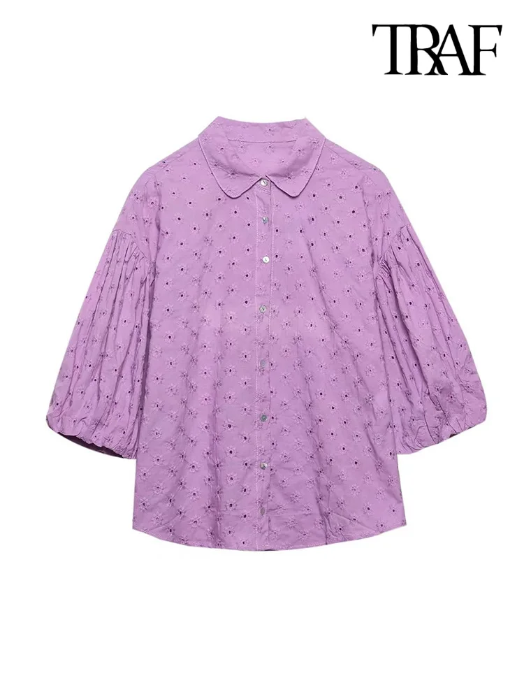

TRAF Women Fashion Cutwork Embroidery Loose Shirts Vintage Lantern Sleeve Button-up Female Blouses Blusas Chic Tops