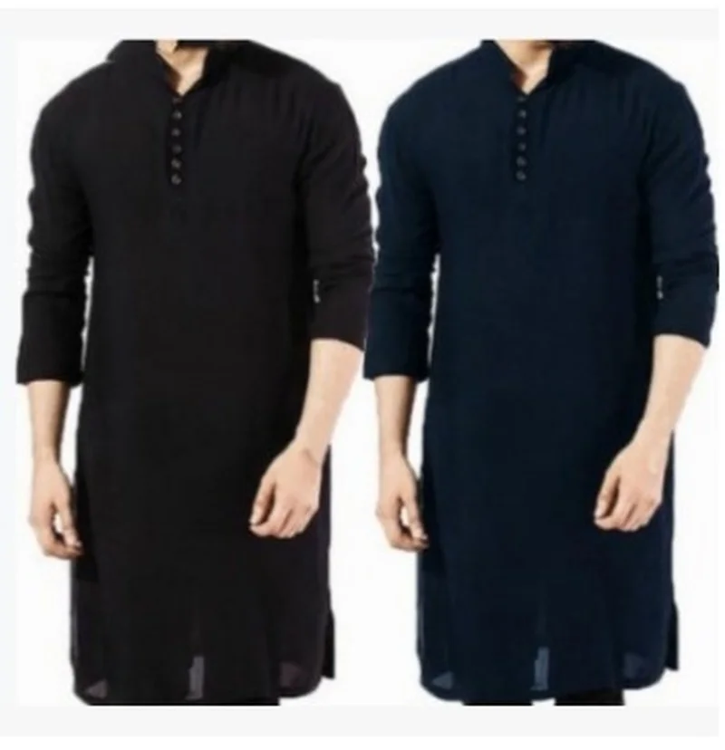 Solid Color Arabian Kaftan Men Shirt Muslim Fashion Simple Long Islamic Clothing Qamis Homme Roupas Masculinas Abayat Kurta Men