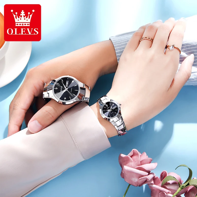 OLEVS Lovers Watch Quartz Tungsten Steel Fashion Brand Luminous Men Women Waterproof Watches Week Date Business Clock WristWatch