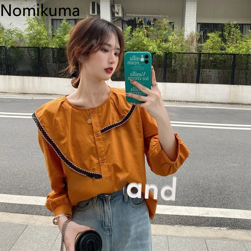 

Модные женские блузки Nomikuma 2022 с рукавами-фонариками, асимметричные Лоскутные свободные блузки, женские корейские милые рубашки, модные жен...