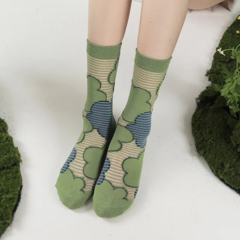 

Стильные летние тонкие сетчатые шелковые носки в стиле Харадзюку с цветочным принтом и кристаллами, Индивидуальные женские носки с забавным рисунком кота, кролика, лягушки