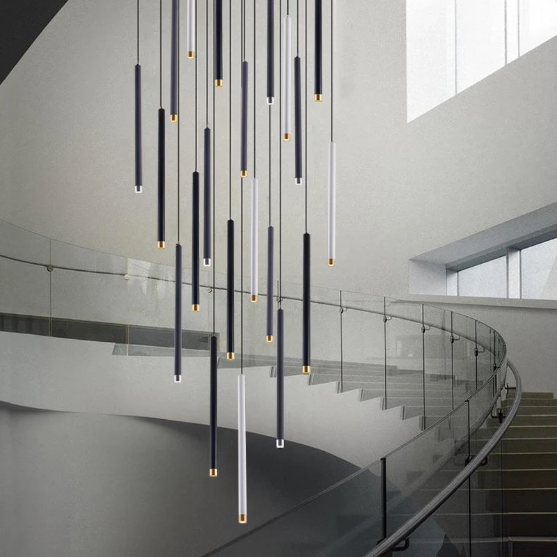 

Modern And Simple LED Stair Chandelier Round Tube Creative Two-Color Living Room Attic Restaurant Bar Ceiling Hanging Chandelier