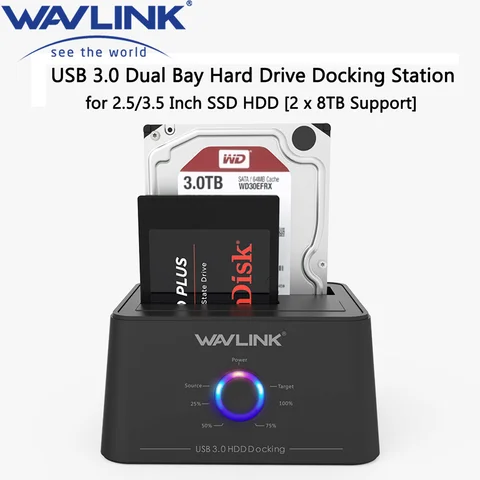 Wavlink Высокоскоростной USB 3,0 для SATA Dual Bay внешний жесткий диск Док-станция 5 Гбит/с для 2,5/3,5 "SSD HDD Быстрый автономный клон