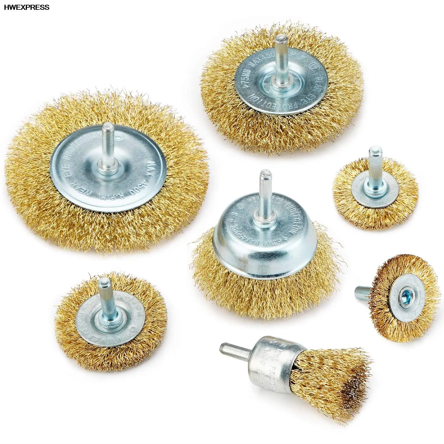 Wire Brush Wheel Cup Brush Set 7 Piece, Wire Brush for Drill 1/4 Inch Arbor 0.0118 Inch Coarse Brass Coated Crimped Wire Wheel