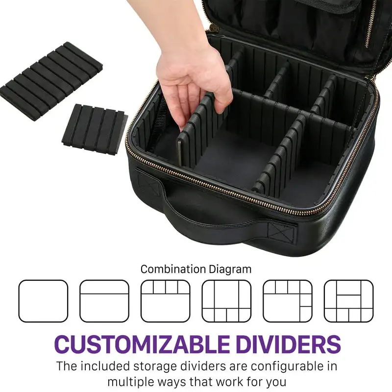High Quality Professional Multifunctional Portable Small Black Travel Makeup Bag with Adjustable Dividers and Carry Strap, Perfe