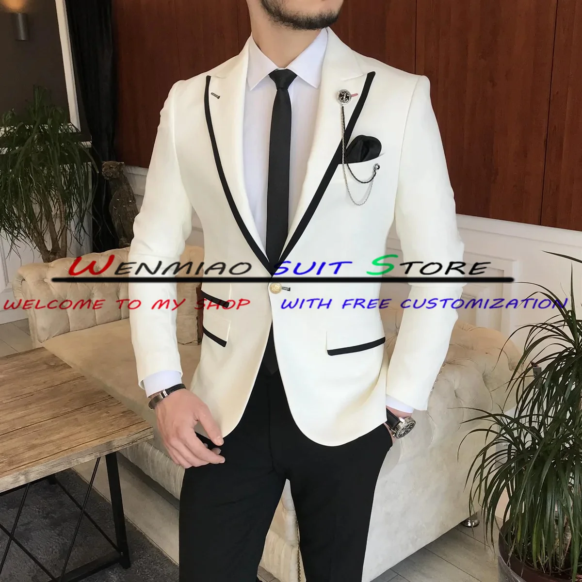 Ivory Suit for Men Wedding Groom Tuxedo Two Piece Formal Suit Blazer Pants Male Slim Fit Straight Outfit