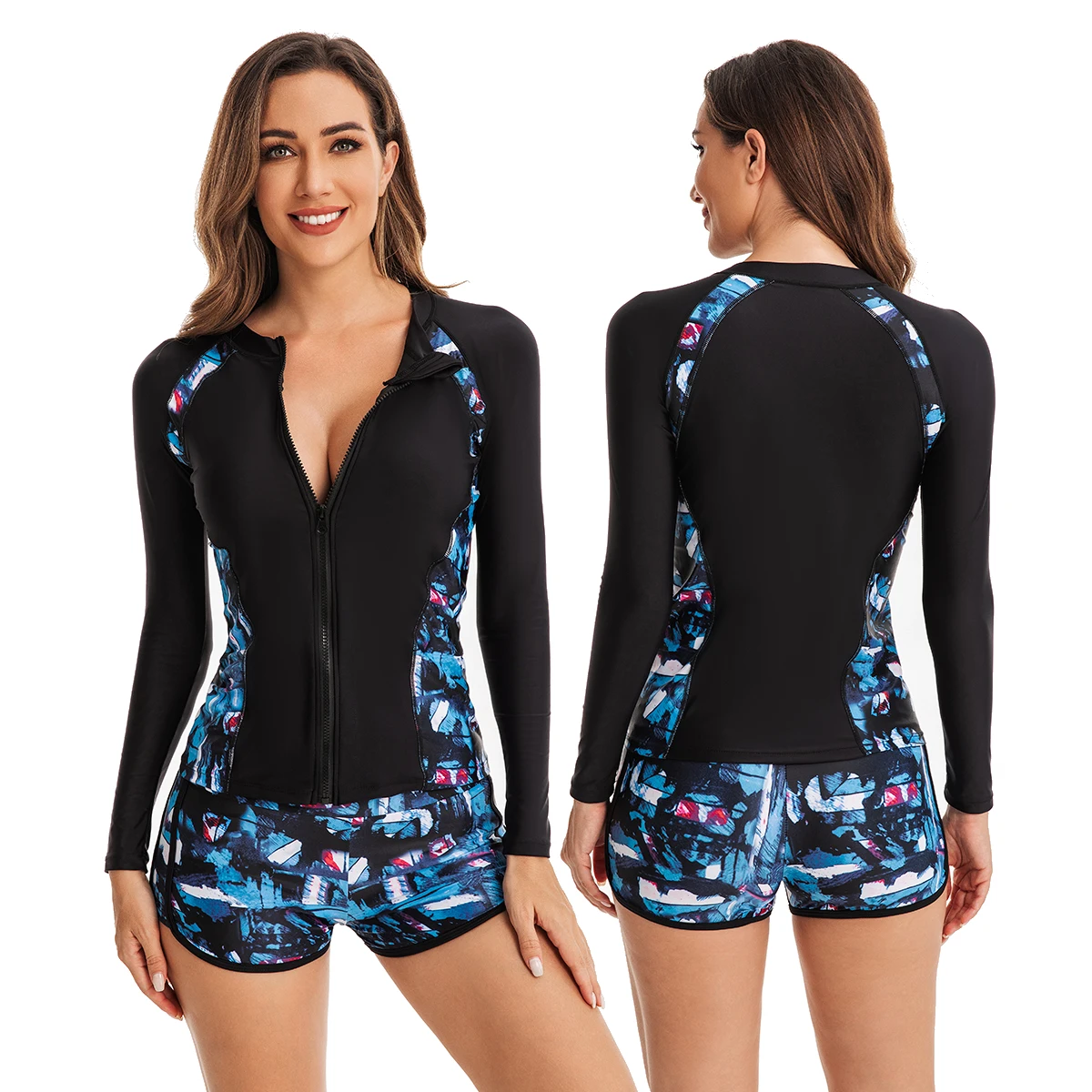 

Women Rash Guard Swimsuits Long Sleeve Swimwear Two Piece Bathing Suit Swimming Suit Swim Full Zipper Shirt With Boyshorts