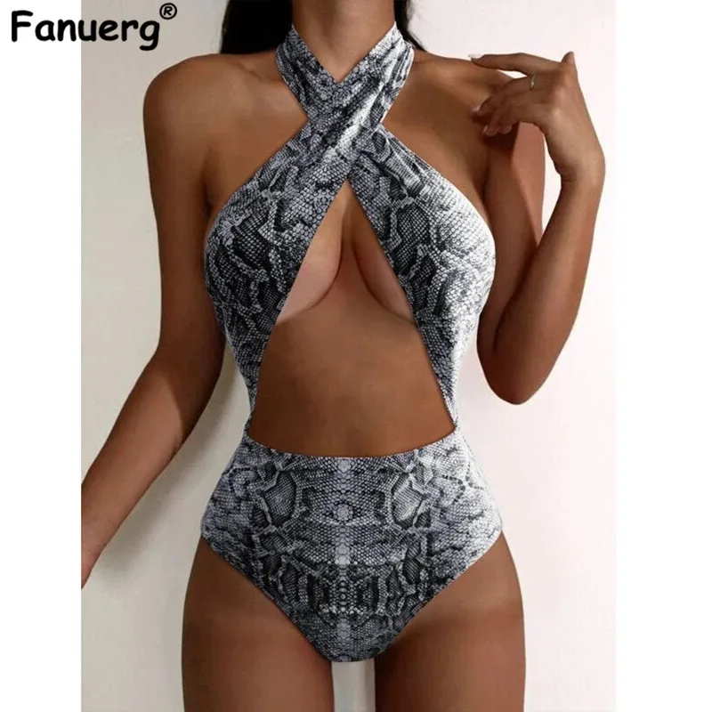 

Fanuerg Women Sexy Front Cross One Piece Swimsuits Cutout Snakeskin Print Swimwear Monokini Bathing Suits 2022 Beach Wear