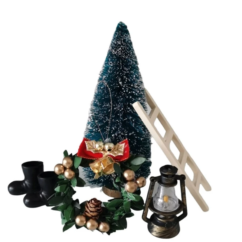 Xmas Miniature Gnome House Set Boots Lantern Tree Wreath Lad