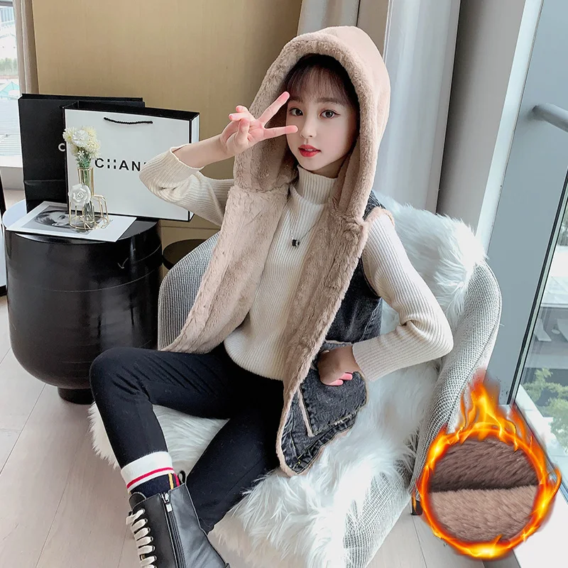 

Girls Warm Denim Vest Fleece Two-way-wearing Winter Clothes Sleeveless Jacket Outerwear Jean Vest Children Waistcoats Fur Vest