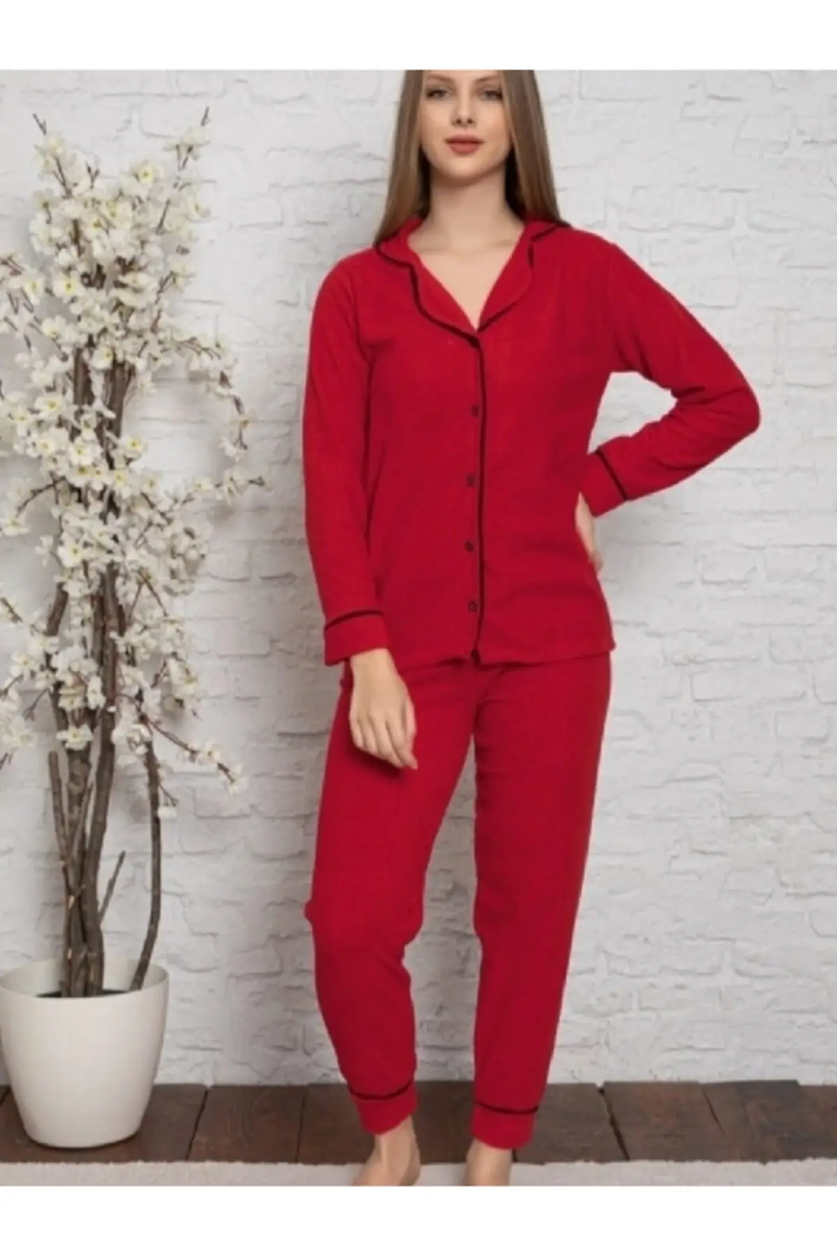 

Pajama Set Red Front Buttoned Black Tie Thick Cotton Cotton Fabric