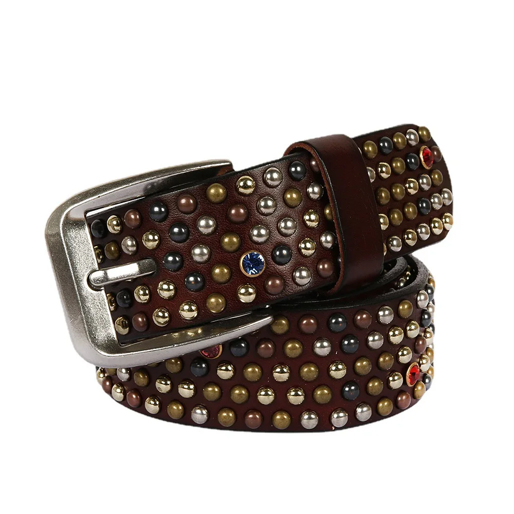 New Fashion Casual Rivet Leather Belt with Small Mushroom Nail Circular Inlaid Drill Bit Layer Cowhide Men's Belt