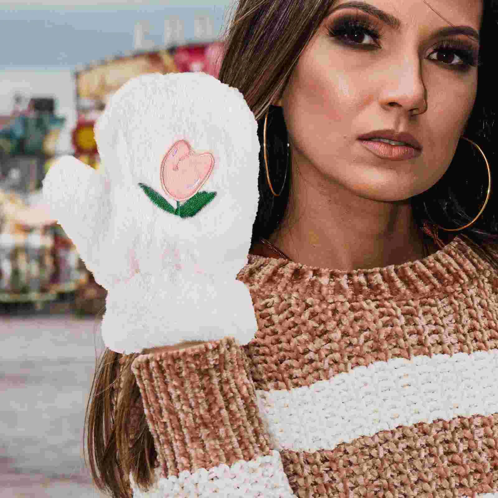 

1 Pair Warm Gloves Girls Gloves Fluffy Gloves Cute Tulip Gloves Outdoor Supply