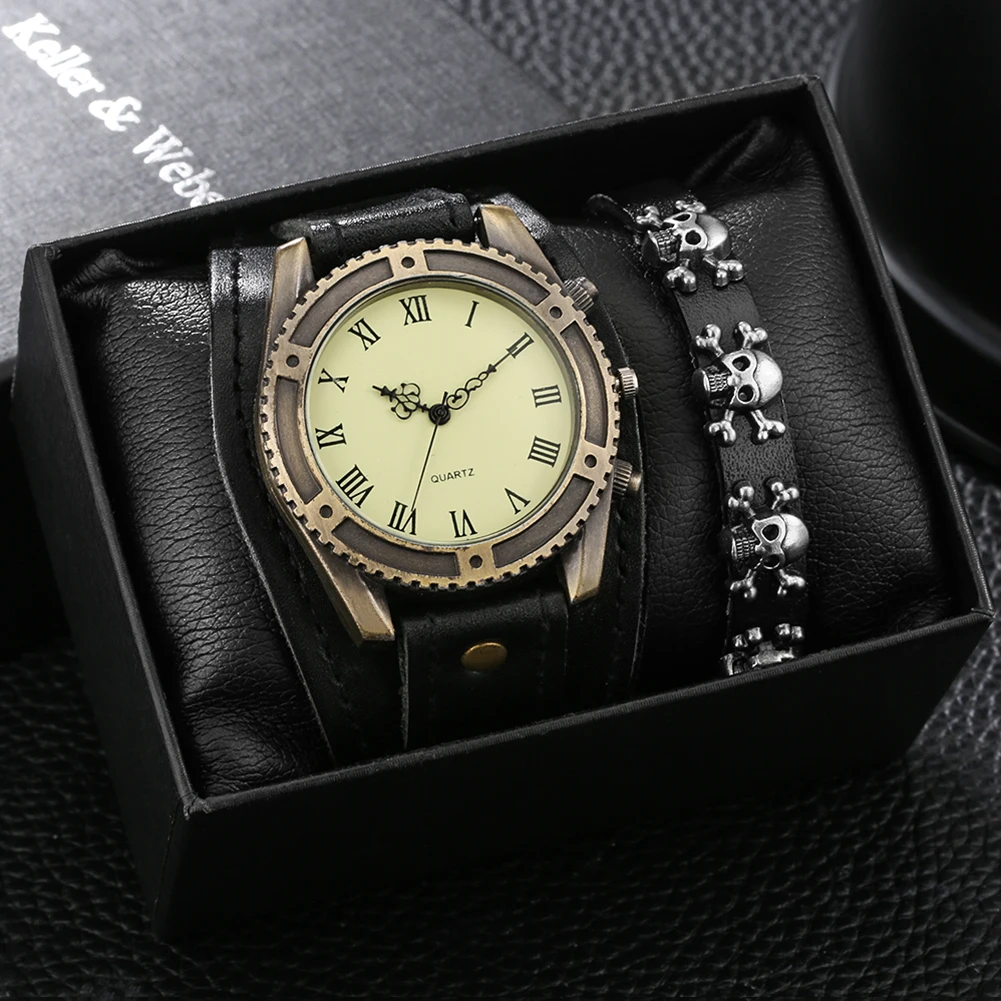 

Новинка 2022, стильные мужские винтажные часы с кожаным браслетом, кварцевые часы, классический циферблат, деловые подарочные наборы для моде...