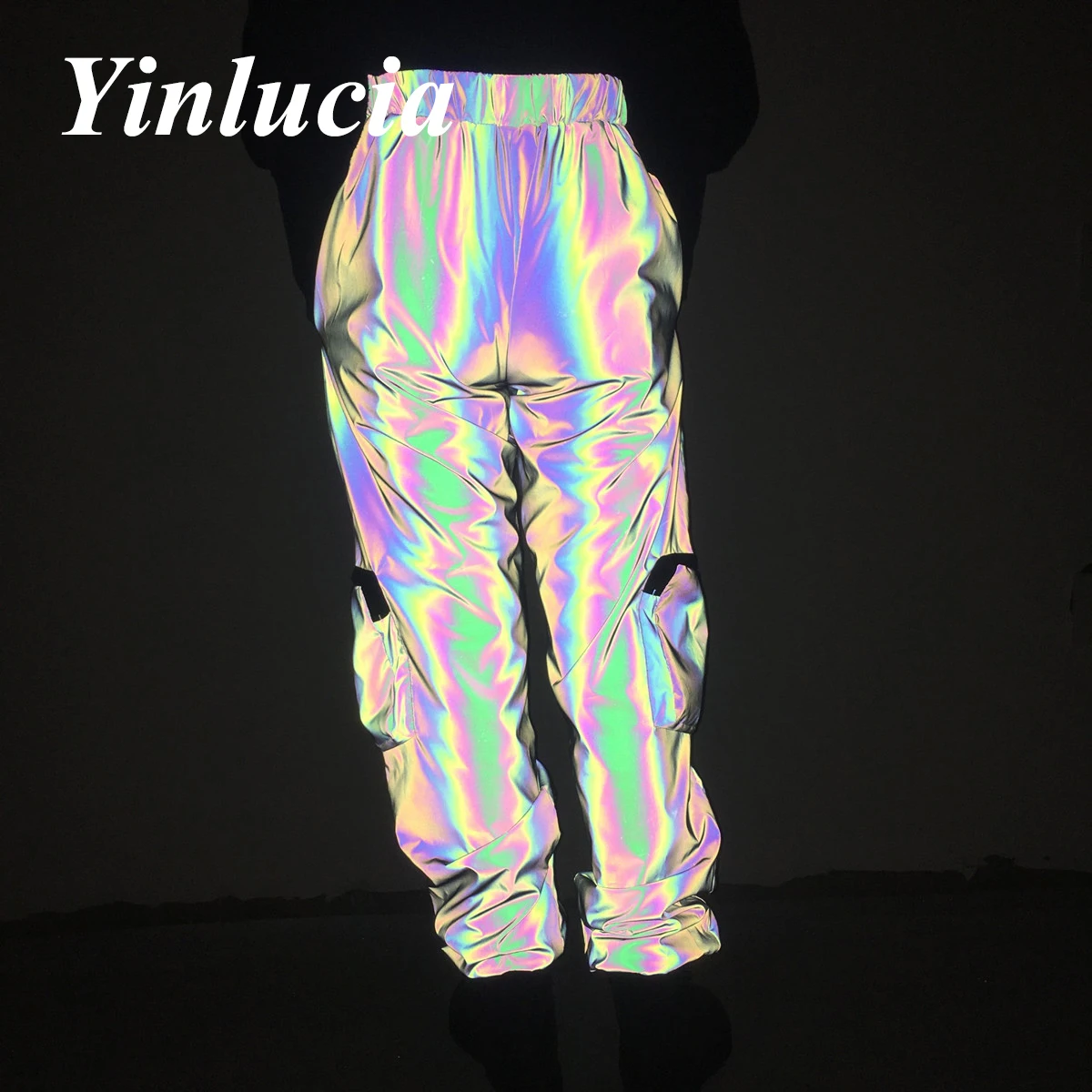 Colorful Reflective Baggy Pants Jogging Laser Rainbow High Waist Loose Overalls Joggers Long Trousers Hip Hop Night Club Party