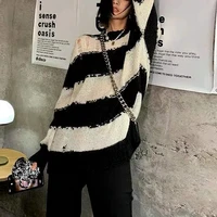 deeptown harajuku grunge striped knitted sweater women korean style vintage oversize long sleeve crewneck jumper sexy winter top