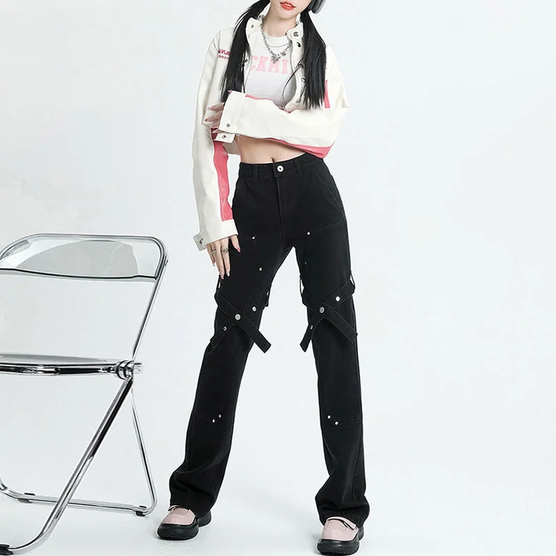 American High Street Jeans Women 2023 Spring And Autumn Cross Design Sense Micro Horn Straight Tube