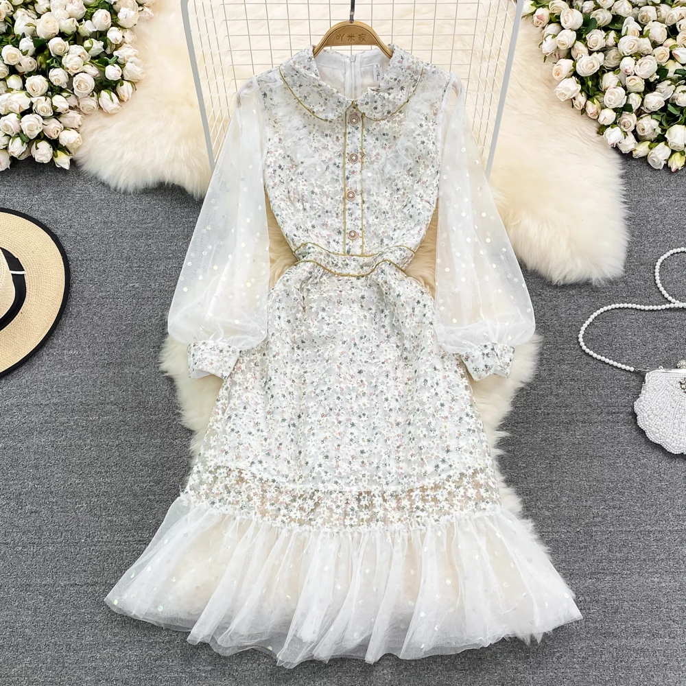 

Элегантное кружевное платье с цветочной вышивкой, лоскутное Сетчатое платье с высокой талией и круглым воротником, женская одежда с длинны...