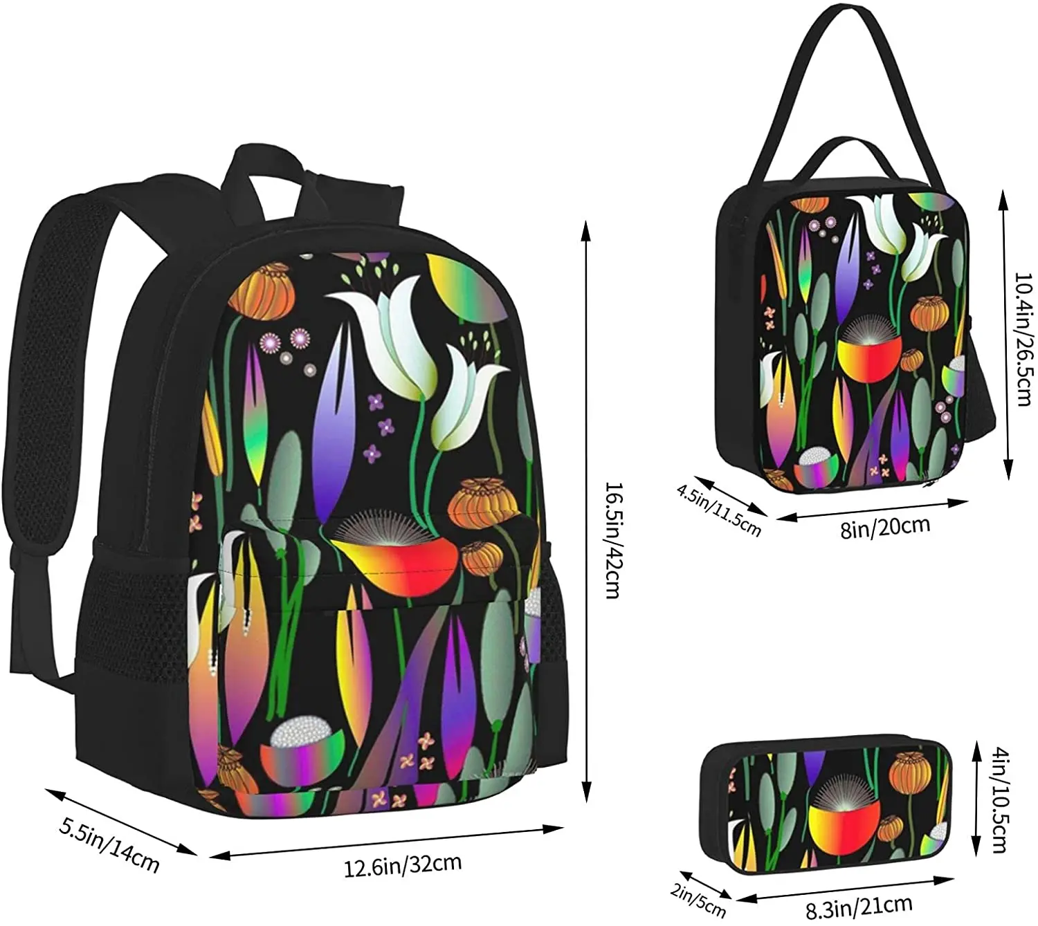 Bright Flowers On Black Backpack Set 3-Piece Teen Boys Girls Backpack Messenger Lunch Bag Pencil Case Set