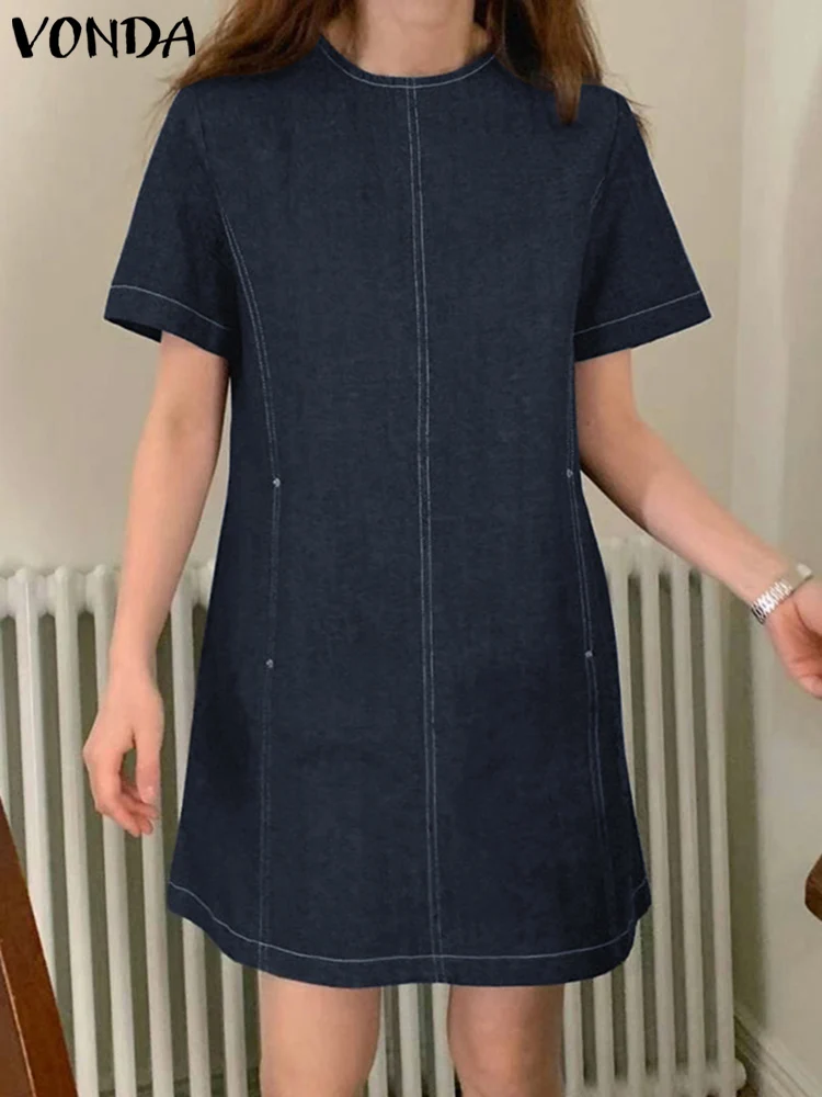 

VONDA элегантное женское мини-платье 2023 летний сарафан с коротким рукавом и карманами вечерние повседневное свободное однотонное винтажное платье