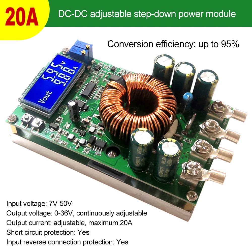 

DC-DC 20A 7V-50V to 0-36V Converter Voltage Meter Adjustable Board CC CV Large Power Step Down Regulated Power Supply Battery