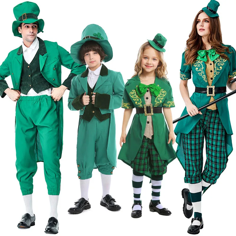 

Костюм ко Дню Св. Патрика для мужчин и женщин, для мальчиков и девочек, для семейного и ирландского традиционного фестиваля, для духов, фантазийное зеленое маскарадное платье