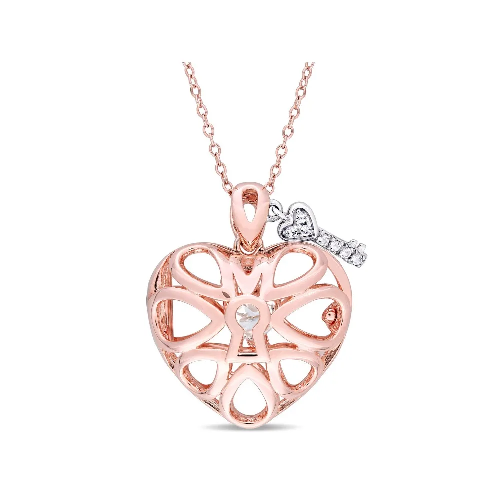 

White Topaz Rose Plated Sterling Silver Heart Shaped Pendant Box 18 Inch Cable Strap 18 Inch Box