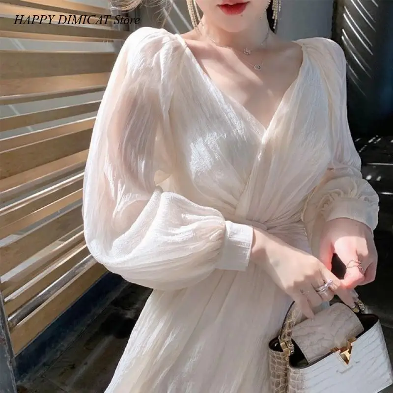 

Vintage One Piece Dress Korean Fashion Summer French Elegant Party Dress Women Long Sleeve Casual Fairy Midi Dress Evening