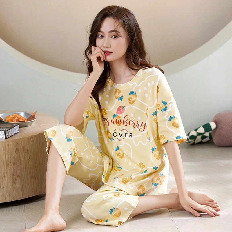 Women's Pajamas Sets Cotton Pyjamas Striped Pijamas Loungewear Short Sleeve and Pants Suit Sleepwear Nightwear Women Homewear