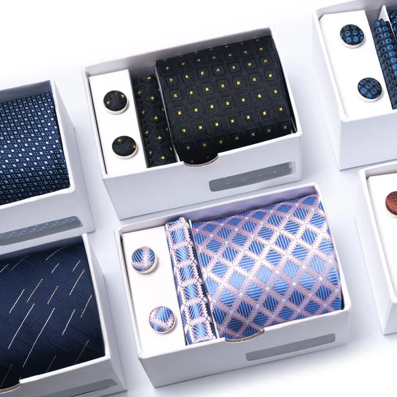 100% Silk Necktie Paisley Floral Mens Tie Top Quality Business Pocket Square Clip Cufflinks Set Classic For MenGift Box