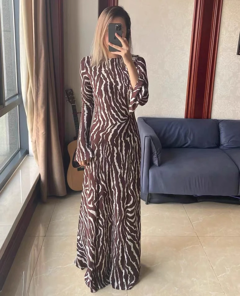 

Autumn Graceful Brown Irregular Zebra Print Silk Long Dress for Women