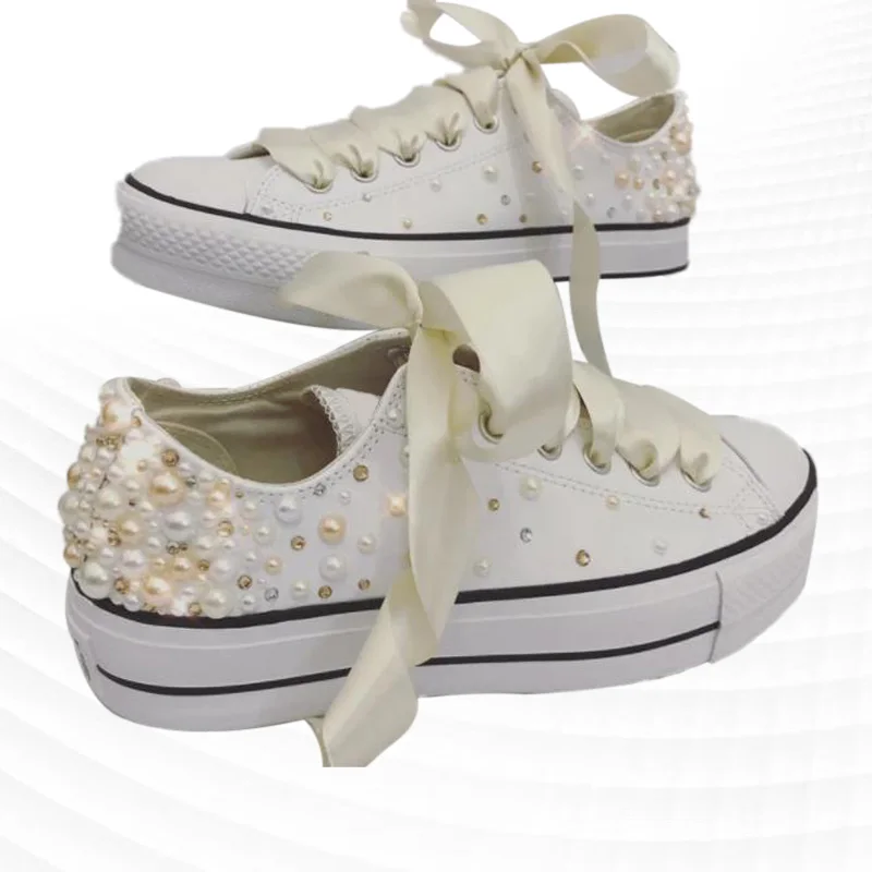 

Platform Low Top Pearl Ribbon White Canvas Shoes Comfort Walking Sneakers Handmade Ribbon Neutral vulcanized shoes 35-46