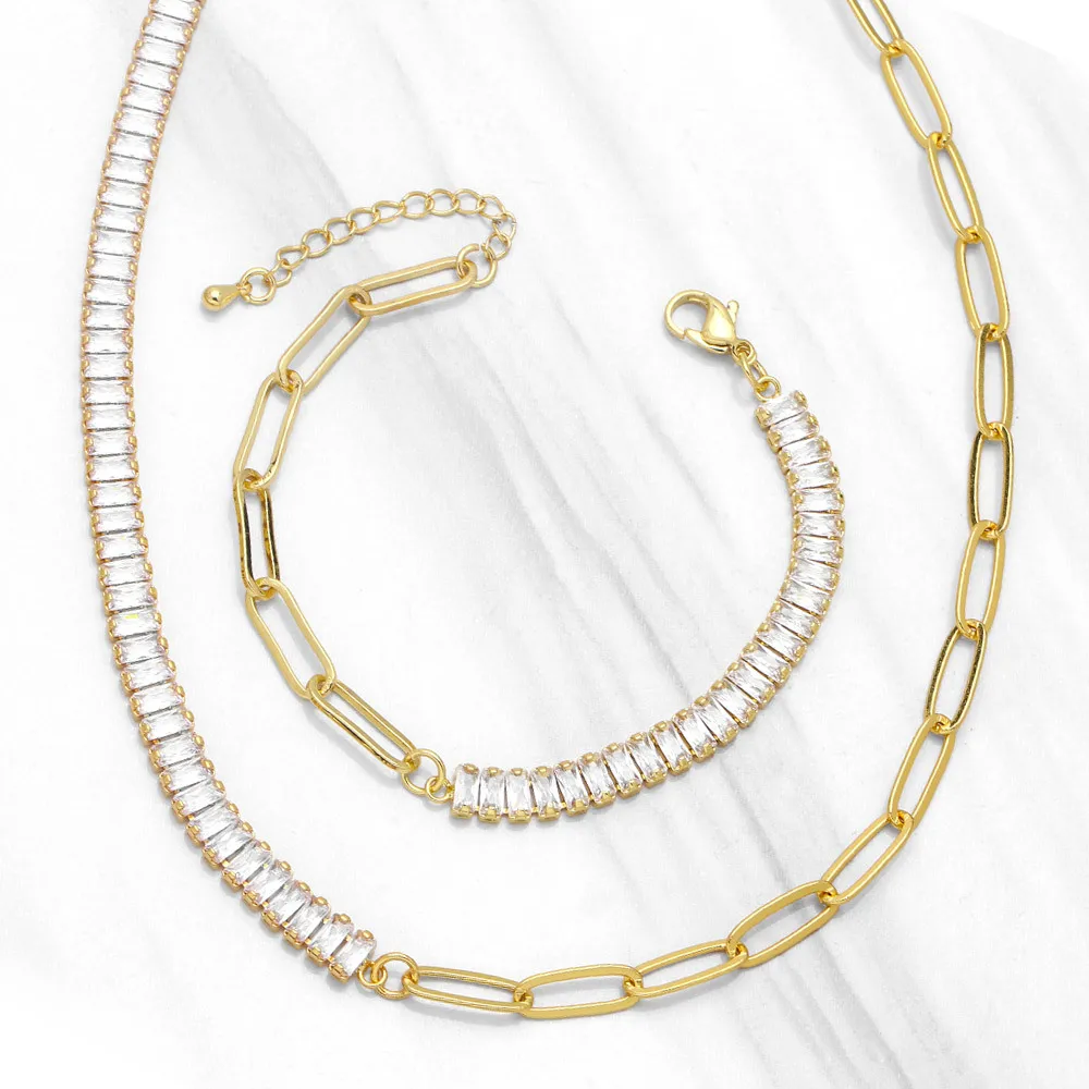 

WANGAIYAO new fashion temperament cold wind zircon stitching chain necklace bracelet set wedding anniversary necklace gift jewel