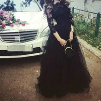 evening dresses with 34 long sleeves black lace tulle appliqued formal dress long custom cheap prom gown 2019