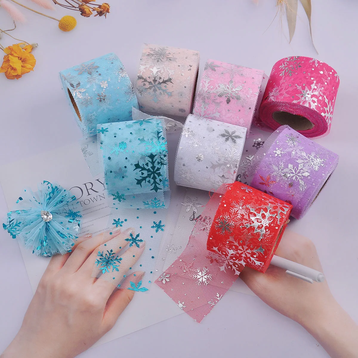 25 ярдов 6/13 см Серебряные Снежинки блестящие тюлевые рулоны органза украшение на