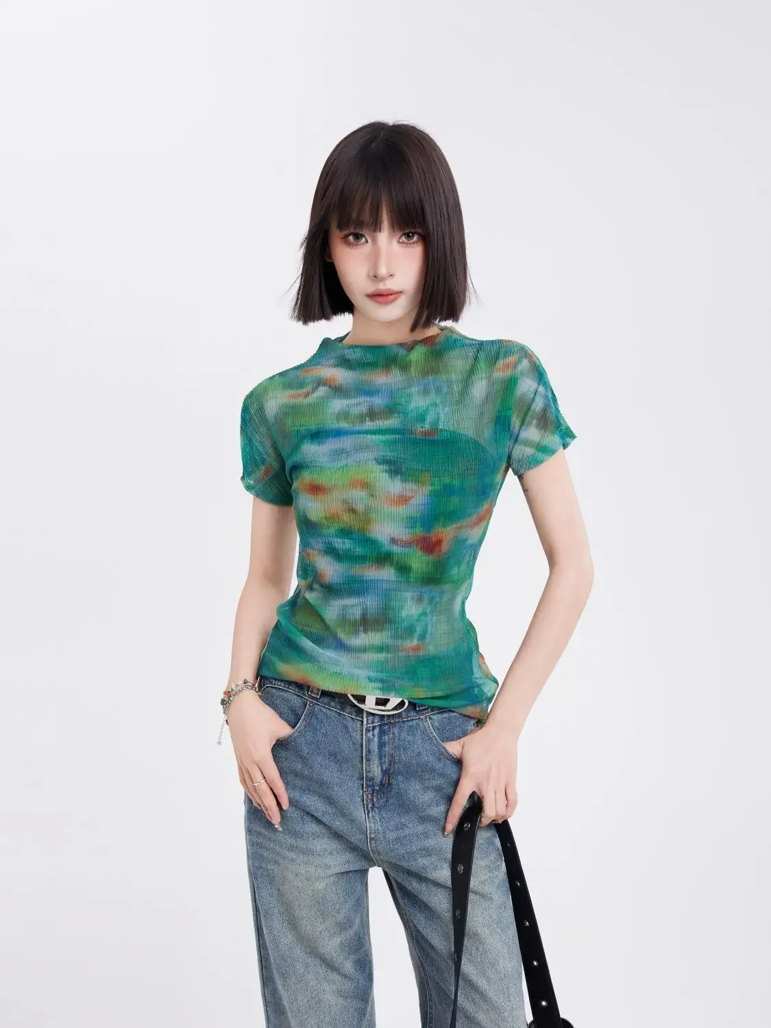 Полуводолазка с коротким рукавом Tie Dye Green Gradient Тонкая эластичная сетчатая