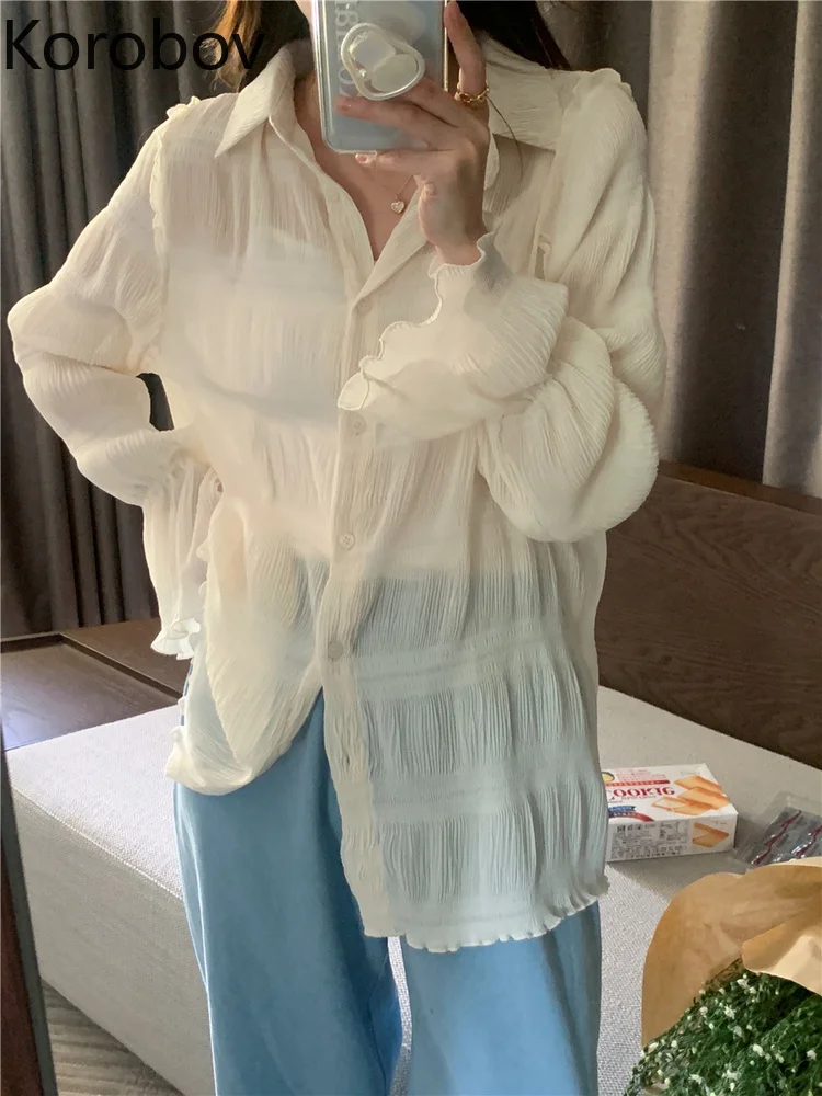 

Korobov Chic Vintage Wavy Edge Folds Tops Long Sleeves Simple Solid Color Blouse Sun Protection Loose Blusas Mujer De Moda 2022