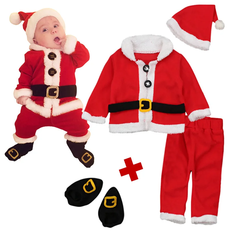 

Newborn Boys Christmas Costume Infant Fleece Coat+ Pants+ Hat+ Shoes Plush Santa Outfits for Baby Xmas Clothes 3-24M 4pcs/Set