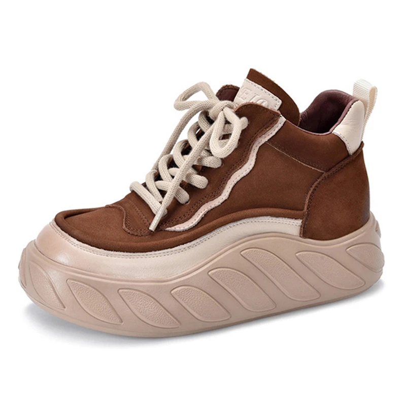 

Retro Women's Boots Trend 2023 New Autumn Genuine Leather Lace-up Lady Ankle Boots Mixed-Color High-top Casual Shoes Thick Sole